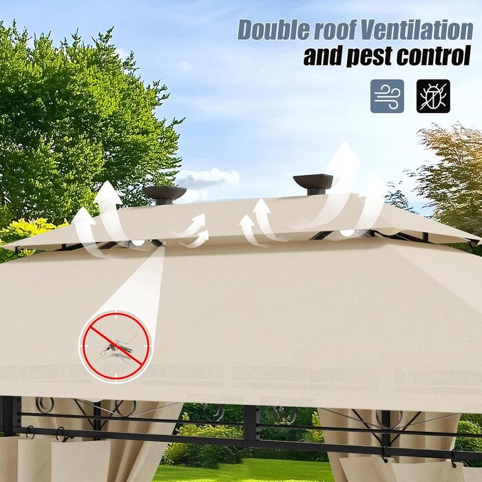 Альтанка садовий Devoko 3x4м водонепроникна, зимова, з LED, бежева - пергола для вечірок до 14 осіб, захист UV 50+