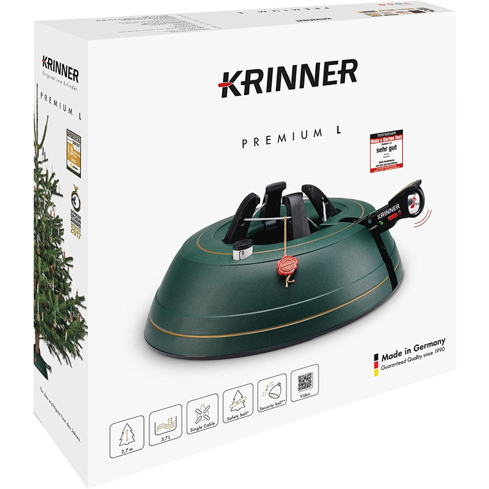 Підставка для ялинки KRINNER PREMIUM L Green з педаллю та тросом, дзвіночком, для ялин висотою до 2,7м, MADE IN GERMANY