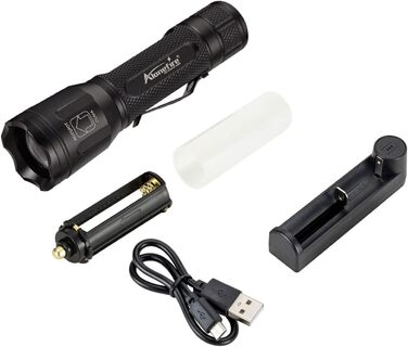 Alonefire X32 Багатофункціональний тактичний LED ліхтар 4-в-1: зелений, синій, білий, червоний, акумуляторний, з функцією зуму, комплект з батареєю та зарядкою, для полювання, туризму, поліції, військових, надзвичайних ситуацій