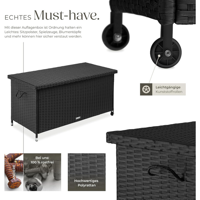 Ящик для зберігання вуличний Tectake Poly Rattan 270л, чорний - водонепроникний, з замком, колісний, для саду, тераси, меблів