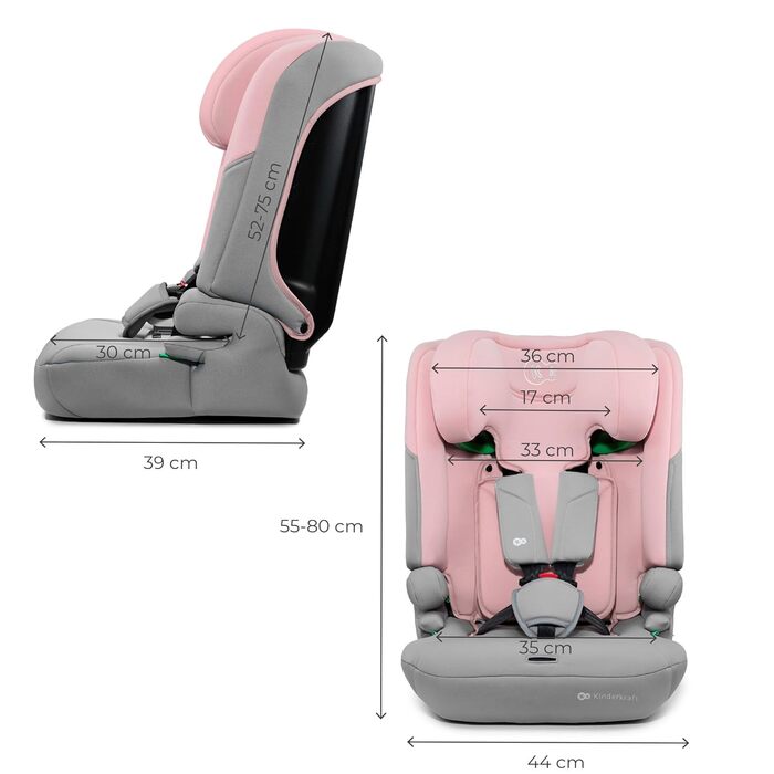 Автокрісло Kinderkraft I-COMFY для дітей (76-150 см), регульоване, з 5-точковим ременем, система EASY GROW, темно-сірий/рожевий