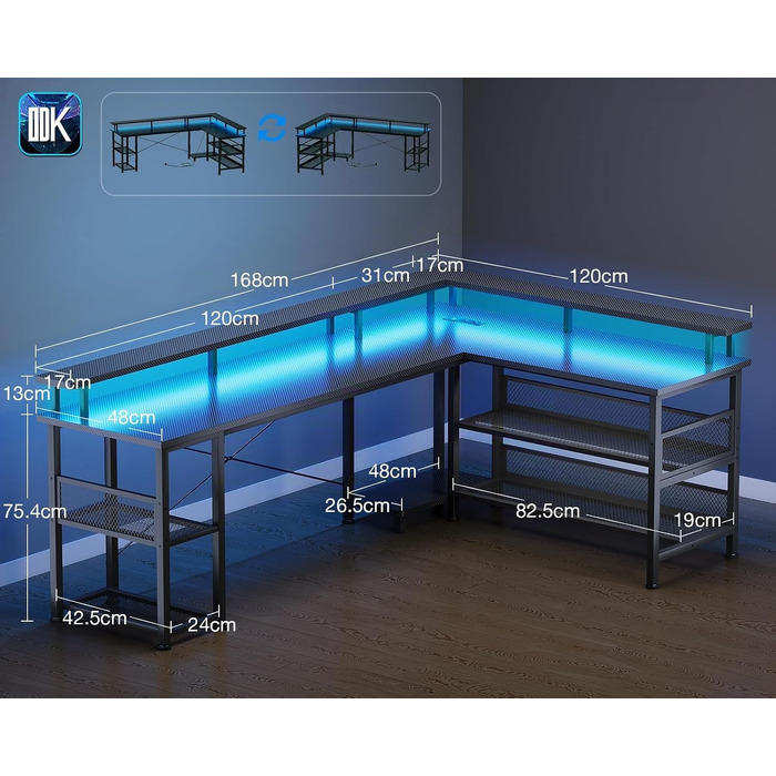 Ігровий кутовий стіл ODK Gaming з LED-підсвіткою та USB-портом, вуглецеве покриття, 168×120 см, чорний