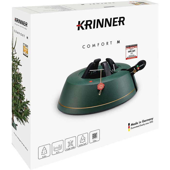 Підставка для ялинки KRINNER Comfort M, зелена, 36 см, з педаллю та тросом, для ялин висотою до 2,5 м, Made in Germany