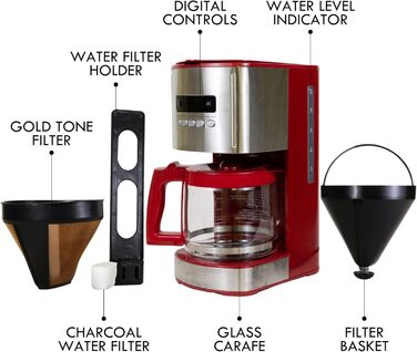 Кавоварка Kenmore на 12 чашок, 1,8 л, програмована, з таймером, швидким заварюванням, багаторазовим фільтром, скляною колбою, цифровим дисплеєм, вугільним водяним фільтром, червона