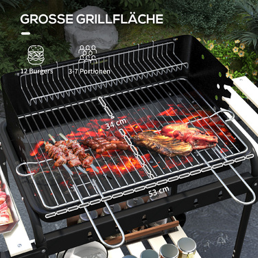 Металевий гриль на вугіллі з димовою трубою (BBQ Smoker) на колесах, з регульованою по висоті решіткою та полицею для дров, розміром 103x47x95 см, чорного кольору.