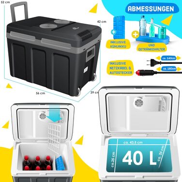 KESSER® Термобокс-холодильник 40л на колесах 12/230V для авто, човна та кемпінгу. Охолодження та обігрів, режими ECO/MAX, чорний/сірий