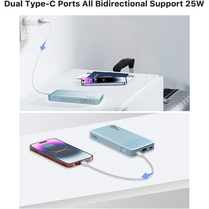 Power Bank NOBIS 10000mAh з цифровим дисплеєм, USB-C, швидка зарядка PD/QC, 25W, блакитний