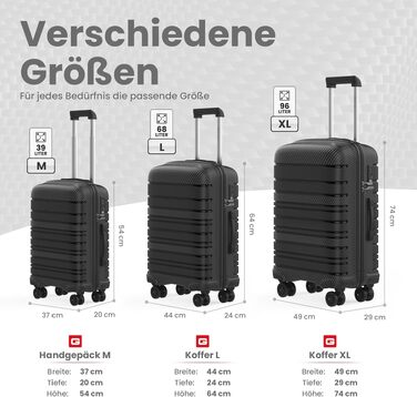 Валіза для подорожей велика XL, чорна, жорсткий корпус, 74x49x29 см, з TSA-замком та 4 колесами, легка