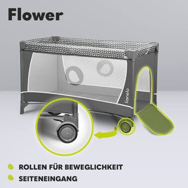 Дитяче ліжечко-манеж Lionelo Flower 4-в-1 з боковим входом, пеленатором, двома рівнями висоти, ігровою дугою, колесами та сумкою для перенесення