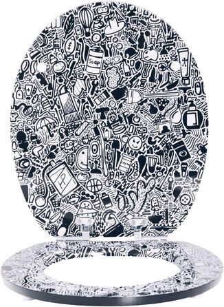 aquaSu® сидіння для унітазу з малюнком Doodle, дерев'яна кришка з мікроліфтом, до 300 кг, O-форма, верхнє кріплення, знімна, пластикові петлі, чорна
