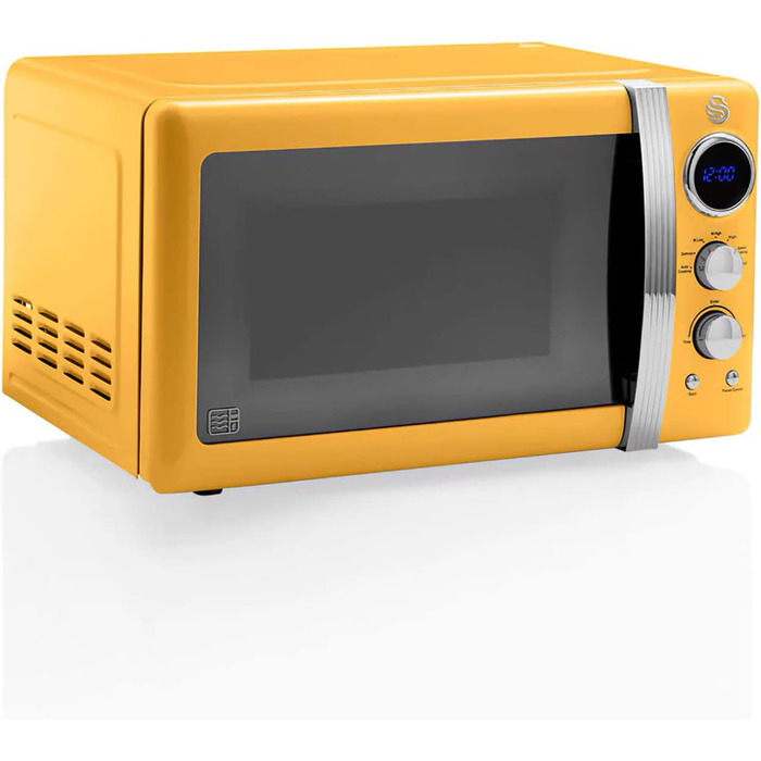 Мікрохвильова піч Swan Retro 20 л, 800 Вт, жовта, цифрова, 5 режимів, розморожування, таймер 60 хв, дзеркальні дверцята, вінтажний дизайн