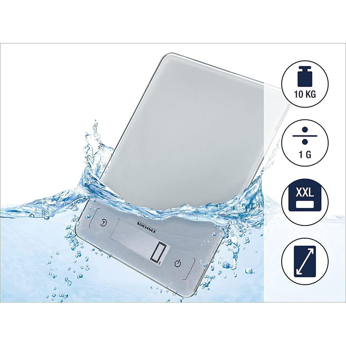 Кухонні ваги електронні Soehnle Page Aqua Proof 10 кг, водонепроникні, з сенсорним керуванням, для зважування продуктів, з батарейками, низький профіль