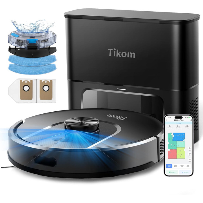 Робот-пилосос Tikom L8000 Plus з функцією миття, 6000Pa, LiDAR, Wi-Fi, для тварин та килимів