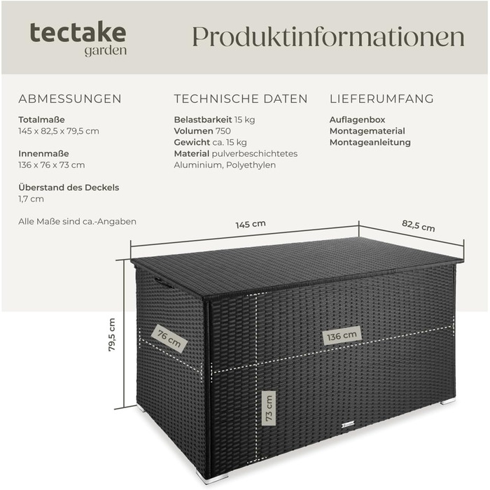 Скриня для зберігання садових речей Tectake з алюмінію та ротангу, 750л, чорна - водонепроникна, з газовими амортизаторами, стійка до УФ-випромінювання та іржі (145x82,5x79,5 см)