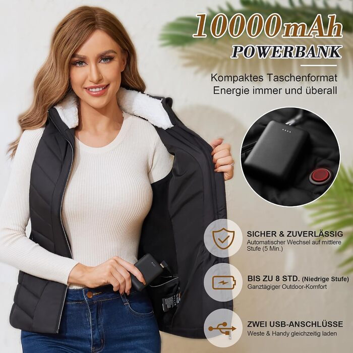 Електрична зігріваюча жилетка жіноча Slim Fit з Powerbank 10000mAh, чорна