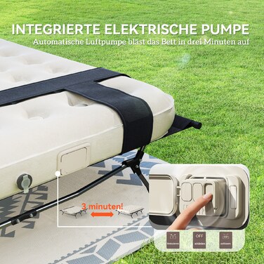 Похідне ліжко Outsunny Camping Bed з насосом для надувного матраца 200 x 153 см Гостьове ліжко з навантаженням до 200 кг Надзвичайно широкий кемпінговий шезлонг для 2 дорослих для кемпінгу Outdoor Garden Travel Чорний+Хакі