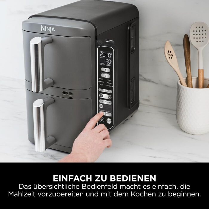 Вертикальна аерофритюрниця Ninja Double Stack XL Air Fryer 9,5 л з цифровим термометром, 6 функцій приготування, 2 рівні, сіра SL451EU