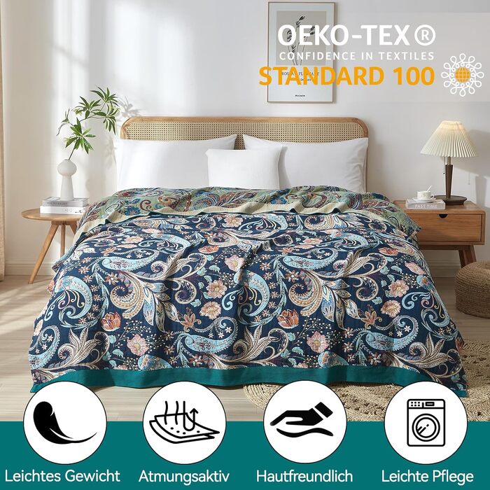 Преміум плед Bailix Boho з 100% бавовни, двостороння муслінова ковдра 200x230 см для дивана та ліжка, декоративна patchwork ковдра в стилі бохо, колір Indigo-traum
