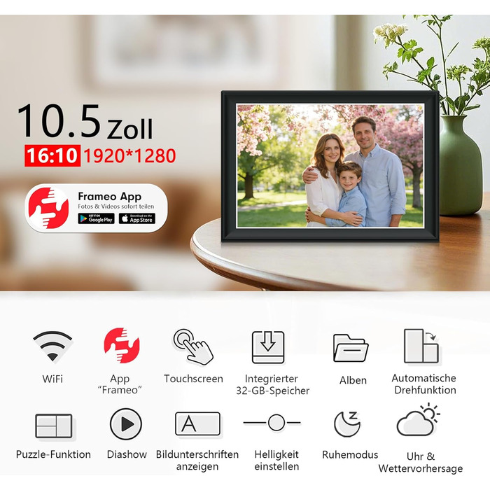 FRAMEO Цифрова фоторамка FRAMEO 11 дюймів, 64 ГБ, WiFi Smart, сенсорний екран FHD 1920 x 1280, IPS, автоматичне обертання, підтримка SD-карт на USB-накопичувачі, 2,4/5 ГГц, керування застосунком через Frameo