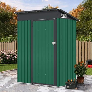 Металевий садовий будиночок COSTWAY 150x90,5x185 см, 1,5 м³, з похилим дахом та дверима, замиканий, зелений