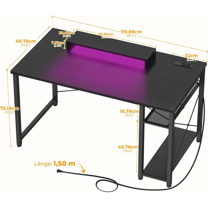 Ігровий стіл iSunirm з LED підсвіткою, розетками та USB, комп'ютерний стіл з підставкою для монітора. Сучасний офісний стіл для роботи та геймінгу, чорний 120x50x75 см