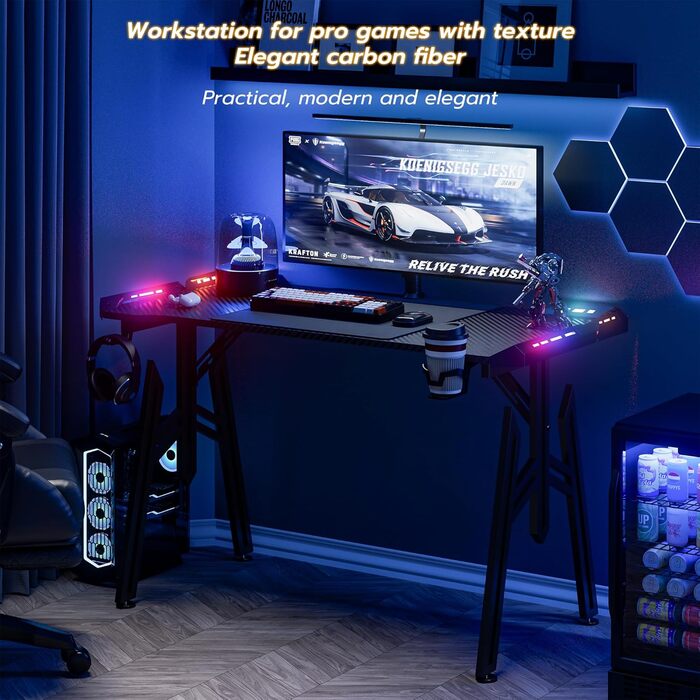 LED ігровий стіл FIVMEN 120x60 см з підсвіткою, тримачем для напоїв та гачком для навушників. Стіл для комп'ютера, геймінговий стіл з карбоновим покриттям, M-Frame 120 см
