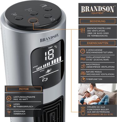 Вентилятор підлоговий Brandson Turm 96 см з пультом, 3 швидкості, 3 режими, таймер, сірий (Silverline) - мобільний, тихий, з осциляцією