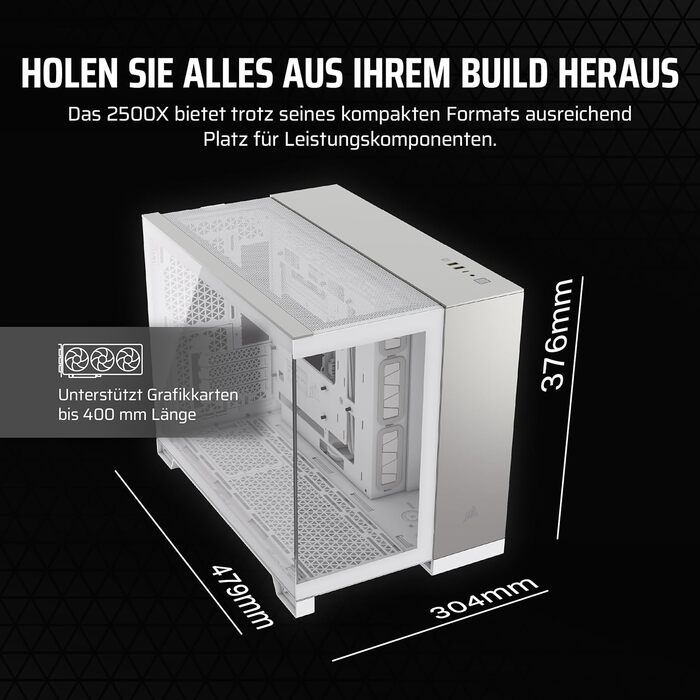 Корпус для ПК CORSAIR 2500X mATX, скло, двокамерний, без вентиляторів, білий/сатиново-сірий алюміній, підтримка реверсивної материнської плати