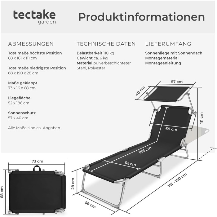 Шезлонг Tectake для саду з сонцезахистом, розкладний, для балкону/тераси, з регульованою спинкою, пляжний, до 110 кг, сірий