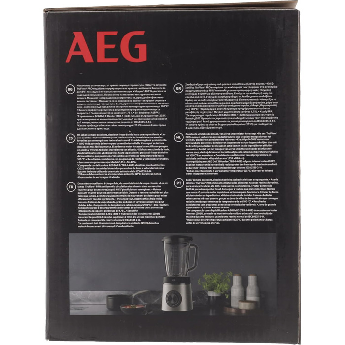 AEG TB6-1-6ST блендер стаціонарний, 1400 Вт, 1,75 л, 6-лезове ножі з нержавіючої сталі, скляна чаша, 3 програми, імпульсний режим, для смузі та дроблення льоду, сірий