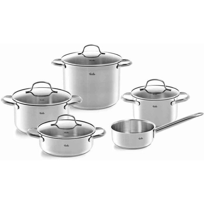 Набір каструль Fissler San Francisco з нержавіючої сталі, 5 предметів, для індукційних плит, зі скляними кришками (3 каструлі, 1 сотейник, 1 каструля з ручкою)