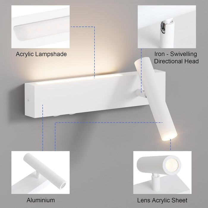 Світильник Klighten LED настінний, 2 шт, 3W+3W, 3000K, чорний алюміній, 2 плафони, 330° обертання, 60° регулювання, для спальні, тепле біле світло, з двома вимикачами