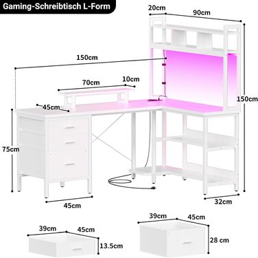 Кутовий L-подібний письмовий стіл Homieasy 150 см з LED-підсвіткою, шухлядою, USB та Type-C розетками, підставкою для монітора та полицею A4, білий