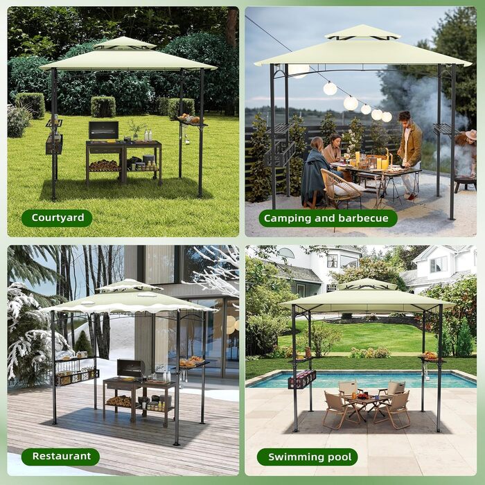 Альтанка садовий Grillpavillon 245x153x250 см, водонепроникна, вогнестійка, бежева. З кошиком для зберігання. Для саду, вечірок, BBQ