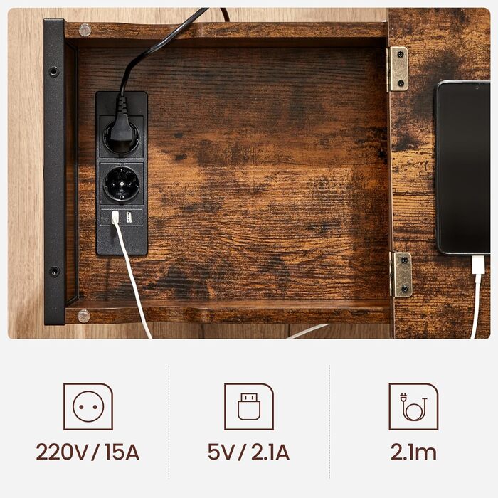 VASAGLE приліжковий столик з розеткою та USB, вузький, з кишенею, для вітальні та спальні, вінтажний коричневий-чорний