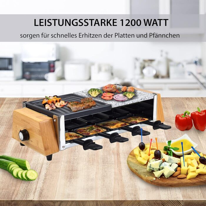 Раклетниця Syntrox Germany 1200 Вт у дерев'яному стилі з комбінованими плитами: гарячий камінь і гриль-пластина, 7,5 кг