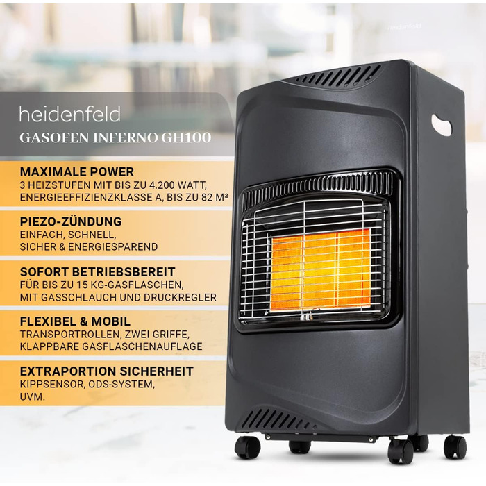 Газовий обігрівач Heidenfeld Inferno GH100, 4200 Вт, для приміщень, для балонів до 15 кг, чорний (Газовий балон не входить у комплект)