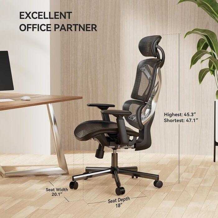 Офісне крісло NOBLEWELL ергономічне з підтримкою попереку, 3D-підлокітниками, регульованою глибиною сидіння, дихаючою сіткою, чорне