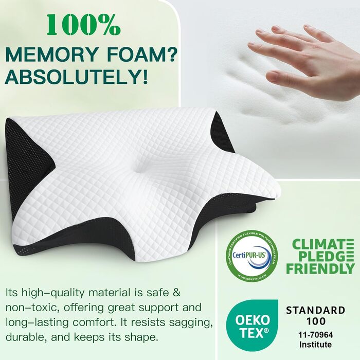 Подушка для шиї з піни Memory Foam 2-в-1, ергономічна, 60x40x12/14 см, чорна. Для спини, боку та живота.
