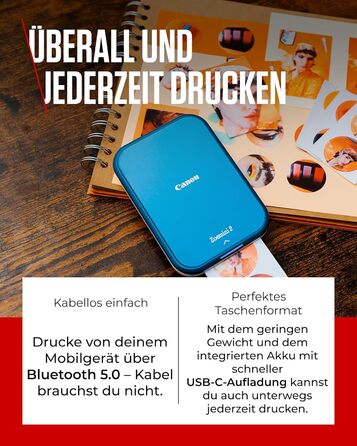 Canon Zoemini 2 Marineblau: Міні-принтер для фотографій, мобільний, компактний, з вбудованим акумулятором. Друкує фото 5x7,6 см зі смартфону/планшету. У комплекті: 20 шт. Zink паперу та 10 шт. круглих наліпок.