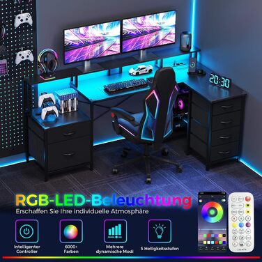 Ігровий кутовий стіл IRONCK L-подібний з LED-підсвіткою, розетками (2AC+1USB+1C), 6 шухлядами та підставкою для монітора, 189x100 см, чорний