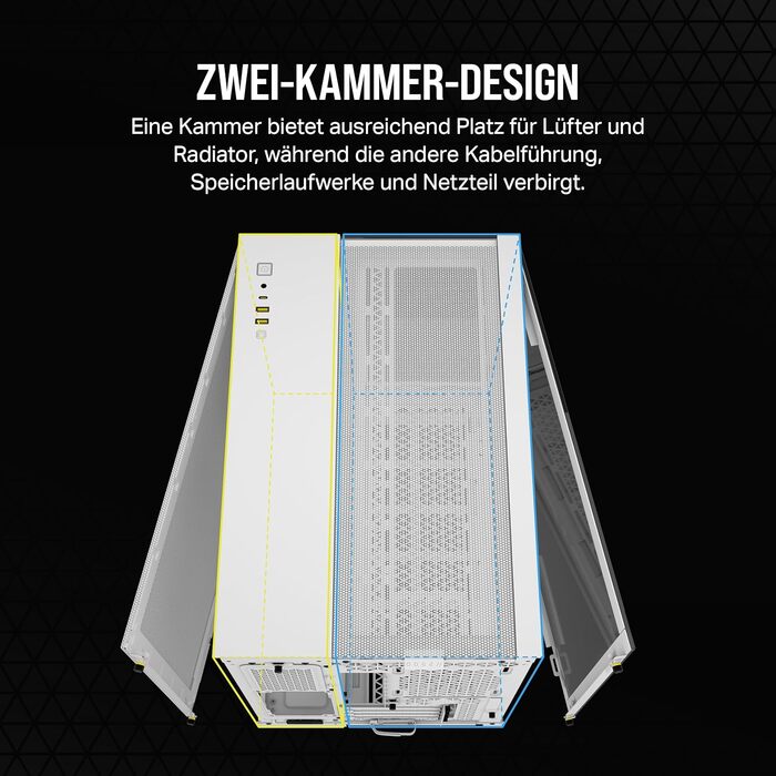 Корпус для ПК CORSAIR 2500X mATX, скло, білий, подвійна камера, сумісний з реверсивним підключенням материнської плати, без вентиляторів
