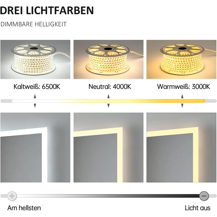 LED дзеркало для ванної кімнати EMKE 80x60 см з підсвіткою, сенсорне управління, протитуманне покриття, 3 кольори світла, IP44, енергозберігаюче