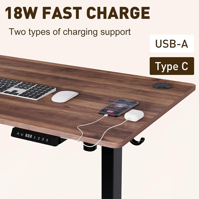 Електричний письмовий стіл з регулюванням висоти, швидка зарядка USB-A/Type-C, пам'ять і функція відскоку, 120x60 см, колір горіх