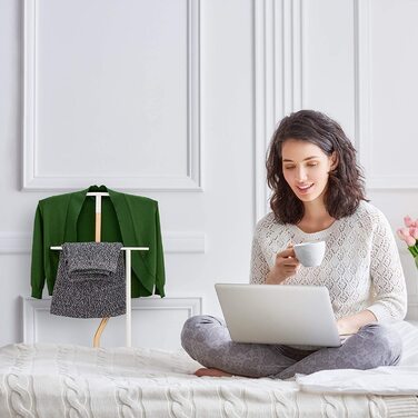 Стійка для одягу Relaxdays, дерев'яно-металева, для костюма та штанів, біла/натуральна, 107x48x20 см, для спальні