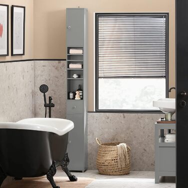 Високий шафа для ванної SoBuy BZR34-HG, 5 полиць, шухляда, дверцята, світло-сірий, 20x180x20 см
