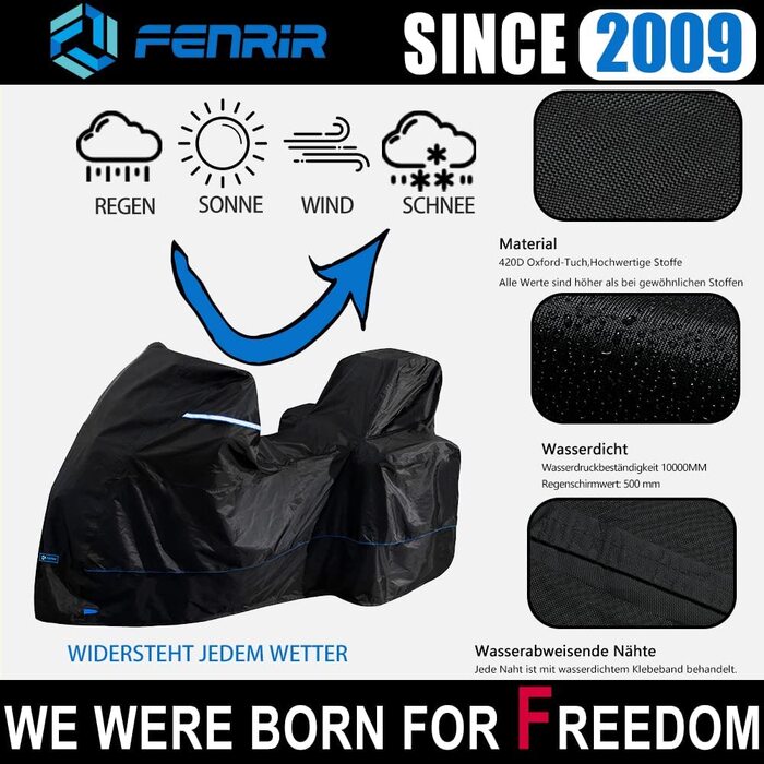 Чохол для мотоцикла FENRIR 230 см, водонепроникний, 420D, для вулиці, термостійкий, захист лаку, з місцем для верхнього та бічних кофрів (230x100x143 см)