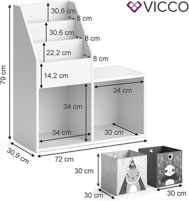 Дитяча книжкова полиця Vicco Luigi, біла, 72x79 см, з 2 текстильними коробками Panda/Tiger