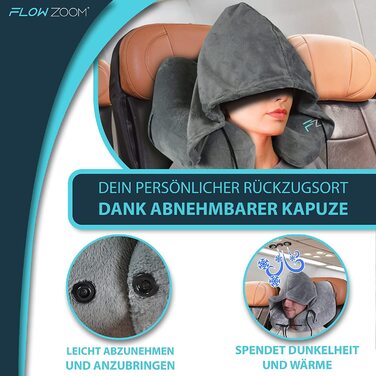 FLOWZOOM AIR надувна подушка для шиї з капюшоном, сіра, розмір L – дорожня подушка для літака, швидке надування, ортопедична подушка для подорожей для дорослих
