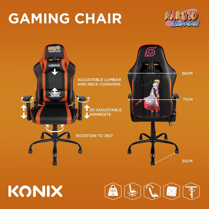 Ігрове крісло Konix Naruto Shippuden Premium, PVC-шкіра, ергономічне, з подушками для попереку та шиї, нахил 150°, дизайн Хокаге, чорне з помаранчевим